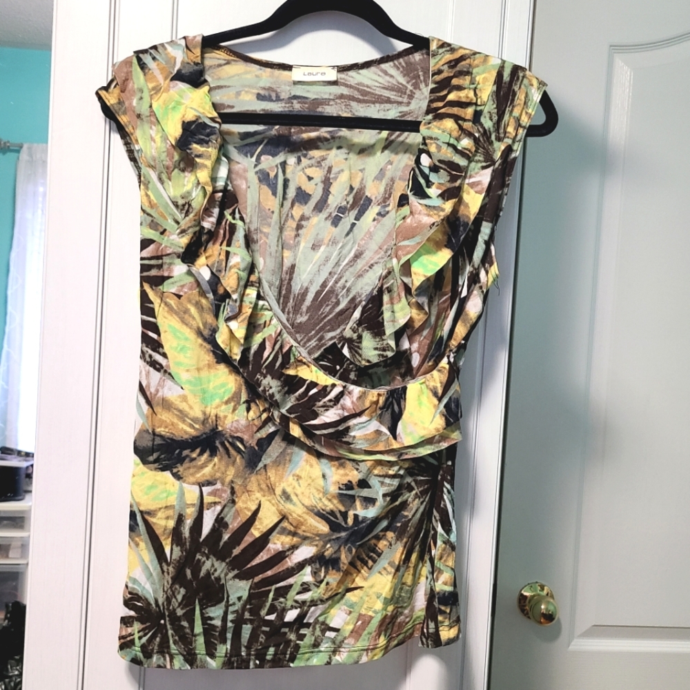 LAURA Tropical Print Yellow Green Ruffle Front Wrap V Neck Sleeveless Blouse Top
